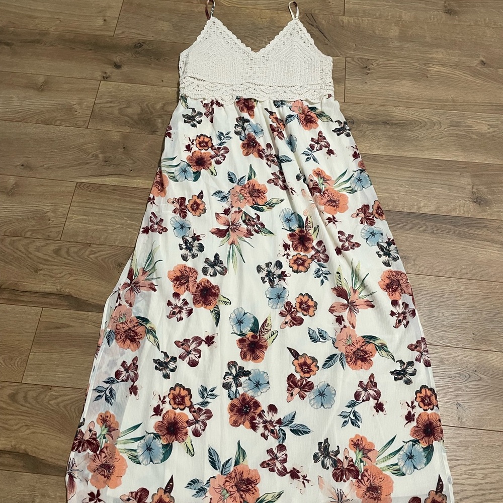 Maurices White Smocked Top with Multicolor Floral Trim